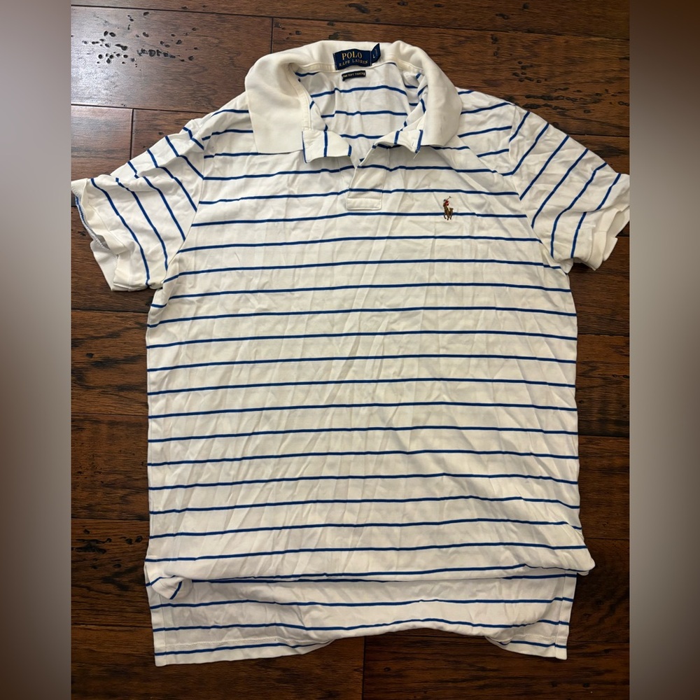 Blue and white striped Polo Ralph Lauren vintage cotton polo. Size large.